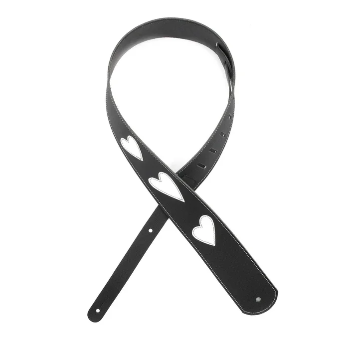 2.5 Inch Leather Guitar Strap, Heart Icon Patches – Black w/ White, by D’Addario
