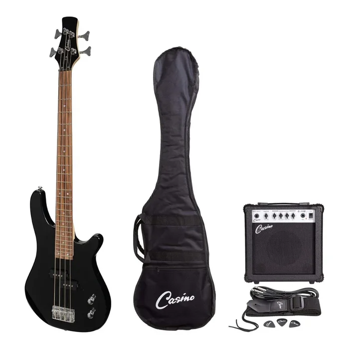 Casino ’24 Series’ Short Scale Tune-Style Electric Bass Guitar and 15 Watt Amplifier Pack (Black)
