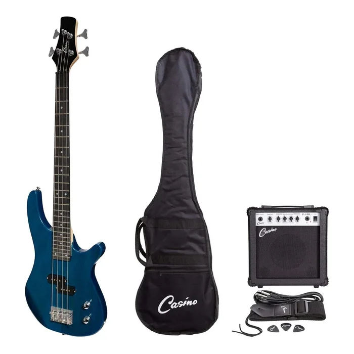 Casino ’24 Series’ Short Scale Tune-Style Electric Bass Guitar and 15 Watt Amplifier Pack (Transparent Blue)