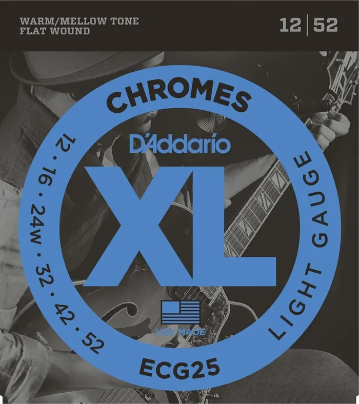 D’Addario ECG25 Chromes Flat Wound Electric Guitar Strings, Light, 12-52