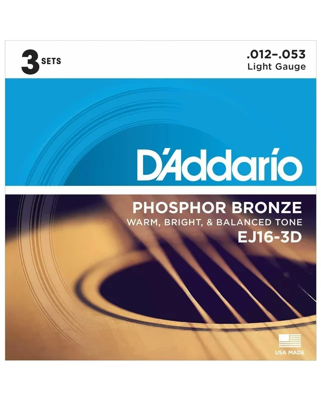 D’Addario EJ16-3D Phosphor Bronze Light Gauge Acoustic Guitar Strings, Three Pack