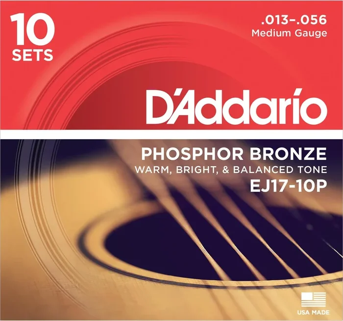D’Addario EJ17-10P Phosphor Bronze Acoustic Guitar Strings, Medium, 13-56, 10 Sets