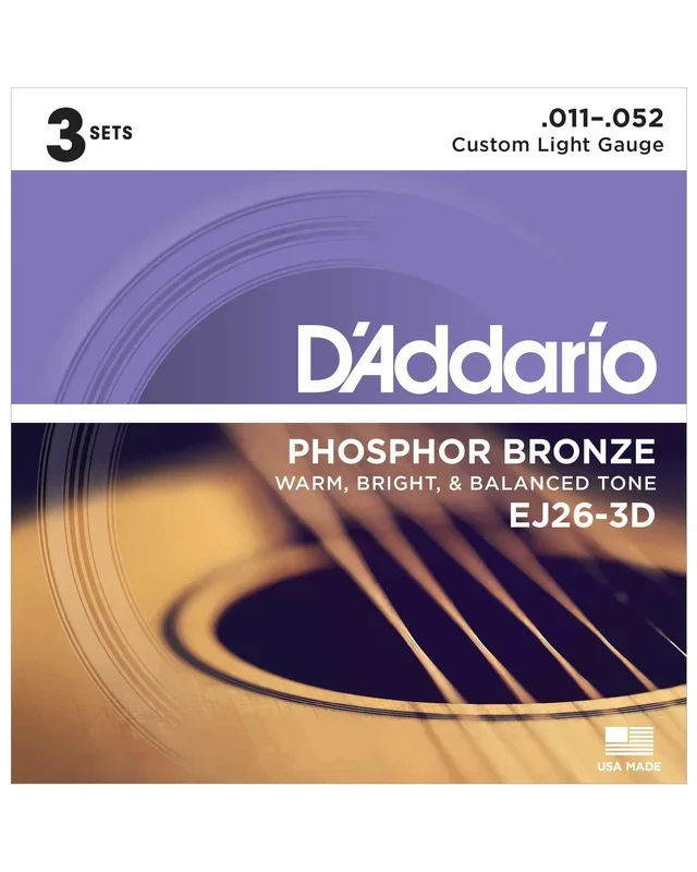D’Addario EJ26-3D Phosphor Bronze Custom Light Gauge Acoustic Guitar Strings, Three Pack