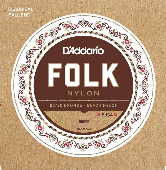D’Addario EJ34 Folk Nylon Guitar Strings, Ball End, 80-20 Bronze-Black Nylon Trebles