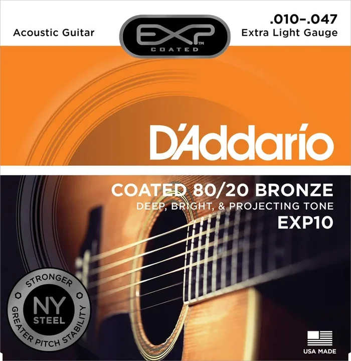 D’Addario EXP10 Coated Acoustic Guitar Strings, 80-20, Extra Light, 10-47