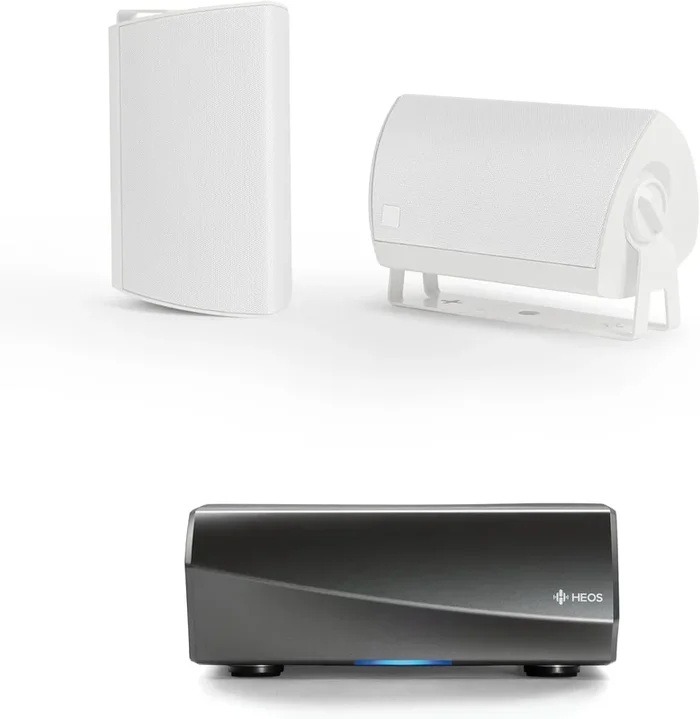 Definitive Technology AW-450 All-Weather Outdoor Speakers (White, Pair) with 4.5” Woofer, 1” Tweeter & Passive Bass Radiator + Denon HEOS Hi-Res Wireless Streaming Amplifier for High-Fidelity Sound (Bundle)