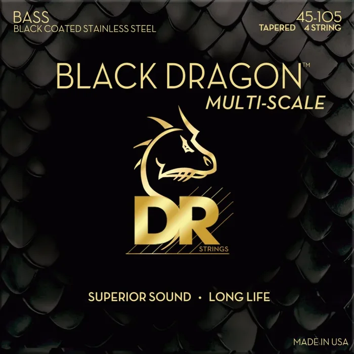 DR Black Dragon Bass Strings – Black Coated Wrap Wire, Medium 45-105, Tapered Multi-Scale