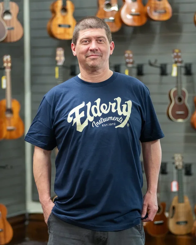Elderly Instruments 2-Sided Logo-Building Shirt, Navy (Various Sizes)