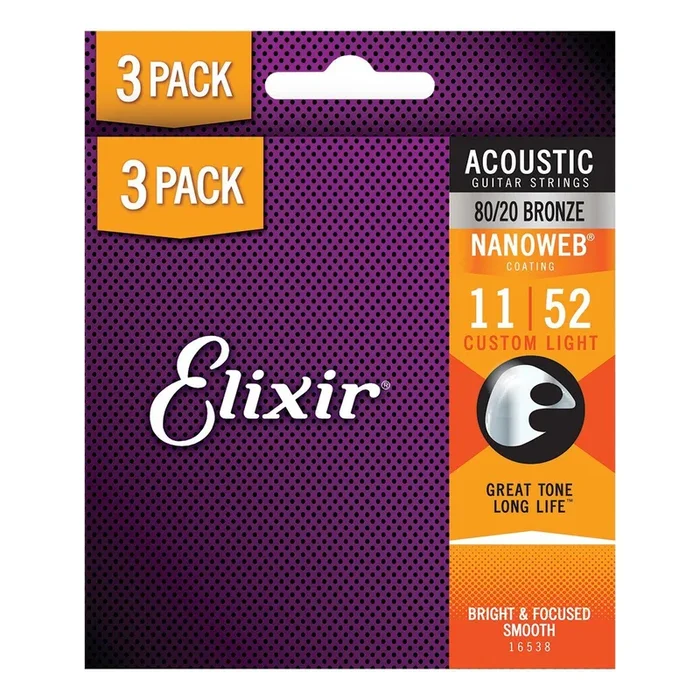 Elixir 16538 Nanoweb 80/20 Bronze Acoustic Guitar Strings 11-52 3 Pack