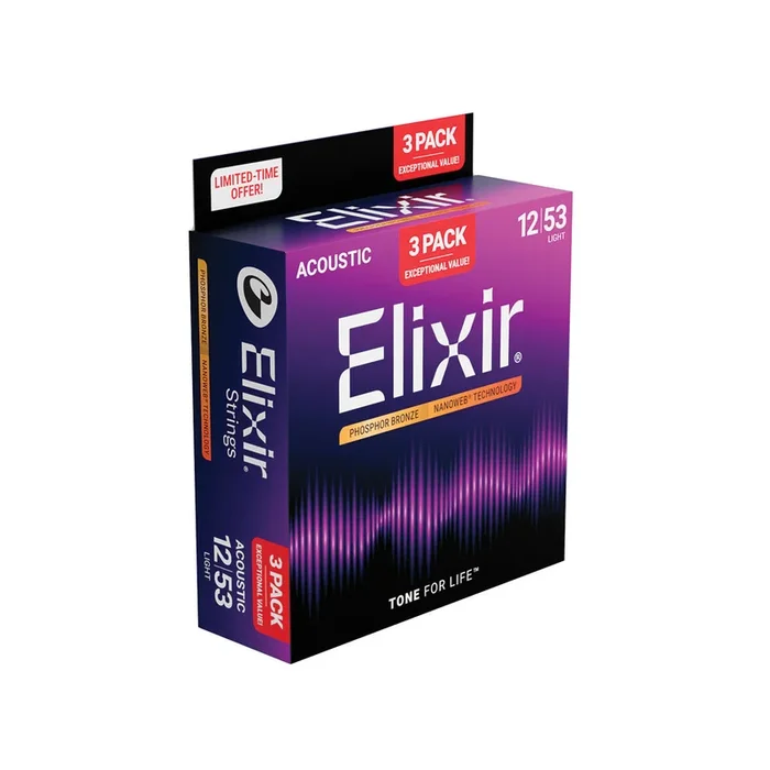 Elixir Phos Bronze 12-53 Coated Acoustic Guitar Strings 3 Pack