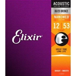 Elixir Strings Nanoweb 80/20 Bronze Acoustic Guitar Strings – .012-.053 Light