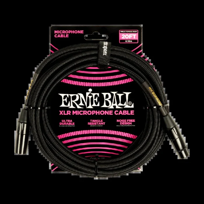 Ernie Ball 20ft Braided Male Female XLR Microphone Cable Black