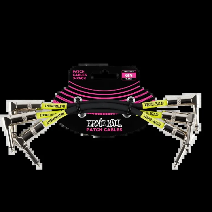 Ernie Ball Angle Patch Cable 3 Pack, Black, 15cm Length