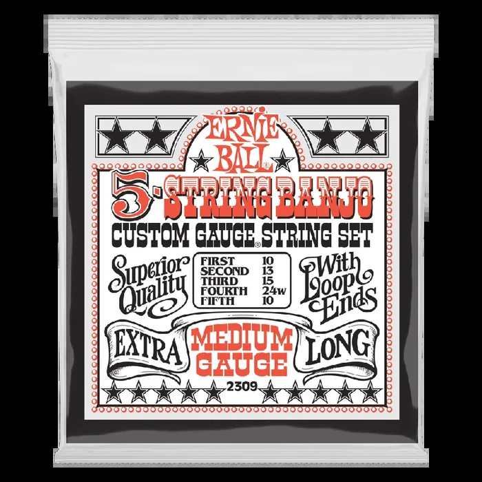 Ernie Ball Medium 5-String Loop End Stainless Steel Banjo Guitar Strings, 10-10 Gauge
