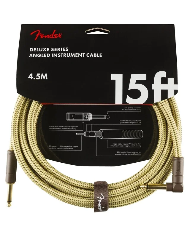 Fender Deluxe Series Instrument Cable, 15′, Angled End, Tweed