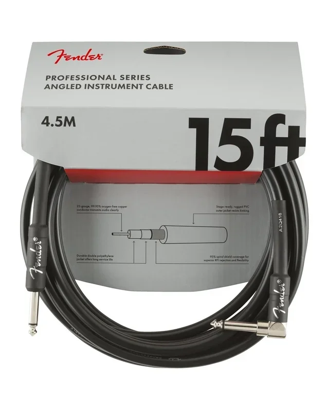 Fender Professional Series Instrument Cable, 15′, Angled End, Black