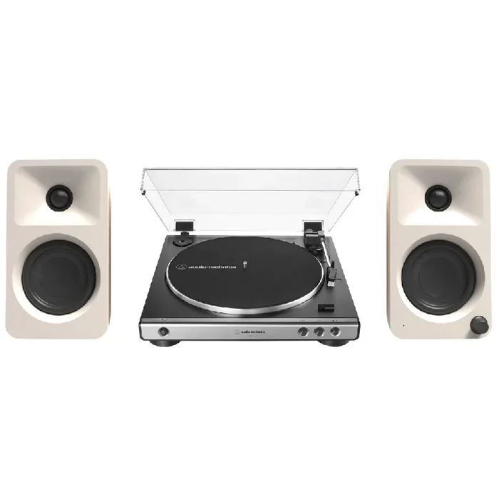 Kanto ORAME 100W Powered Reference Desktop Computer Speakers (Cream) with Audio Technica 60X-GM Fully Automatic Belt-Drive Stereo Turntable (Bundle)