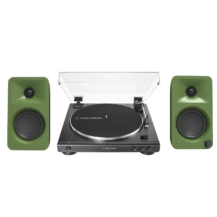 Kanto ORAME 100W Powered Reference Desktop Computer Speakers (Moss) with Audio Technica 60X-BK Fully Automatic Belt-Drive Stereo Turntable (Bundle)