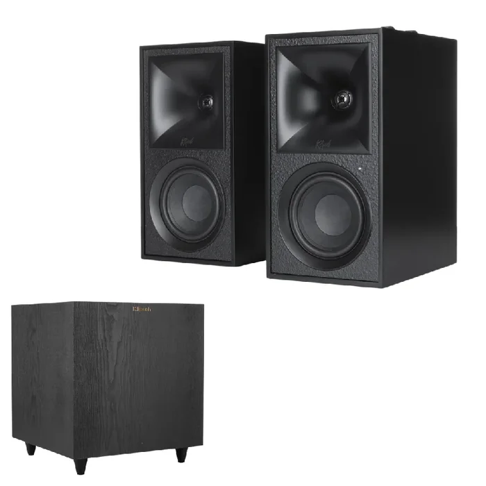 Klipsch The Fives Powered Bookshelf Speakers (Matte Black) with R-80SWi 8″ 150W Wireless Subwoofer – Powerful Sound System with Deep Bass (Bundle)