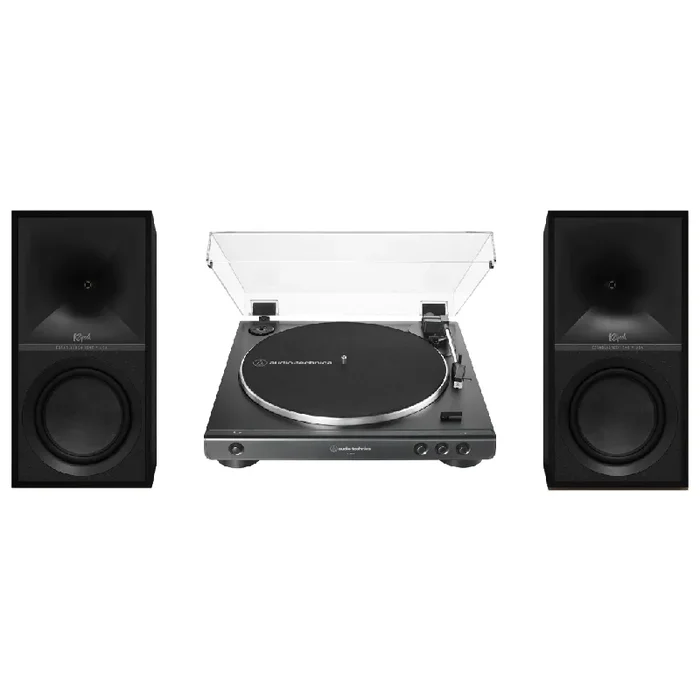 Klipsch The Sevens Heritage Inspired Powered Speakers (Black) with Audio Technica 60X-BK Fully Automatic Belt-Drive Stereo Turntable – Bundle