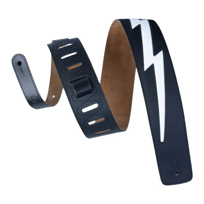 LEVYS DM2BLK 2 1/2 ” Leather Guitar Strap w/ Leather Lightning Bolt Inlay & Suede Backing