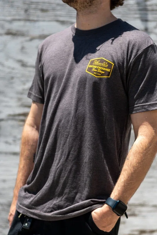 Marks Guitar Grey w/Brown-Yellow Logo T-Shirt (Sm, Med, Lg, XL)