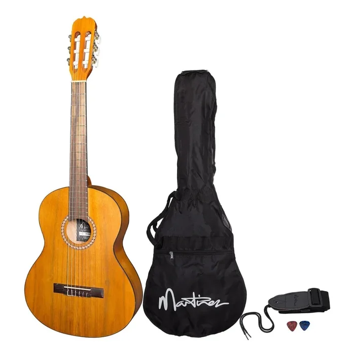 Martinez ‘Slim Jim’ 3/4 Size Beginner Exotic Timber Slim Neck Classical Guitar Pack with Built-In Tuner (Acacia Natural Satin)