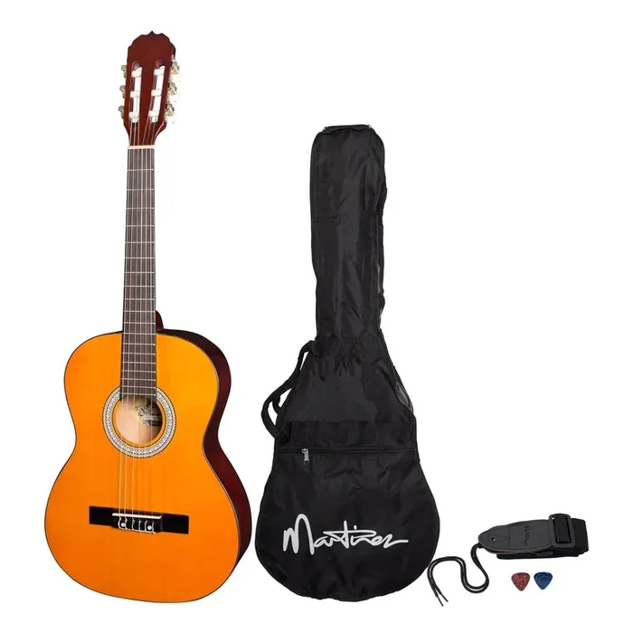 Martinez ‘Slim Jim’ 3/4 Size Beginner Slim Neck Classical Guitar Pack with Built-In Tuner (Amber)