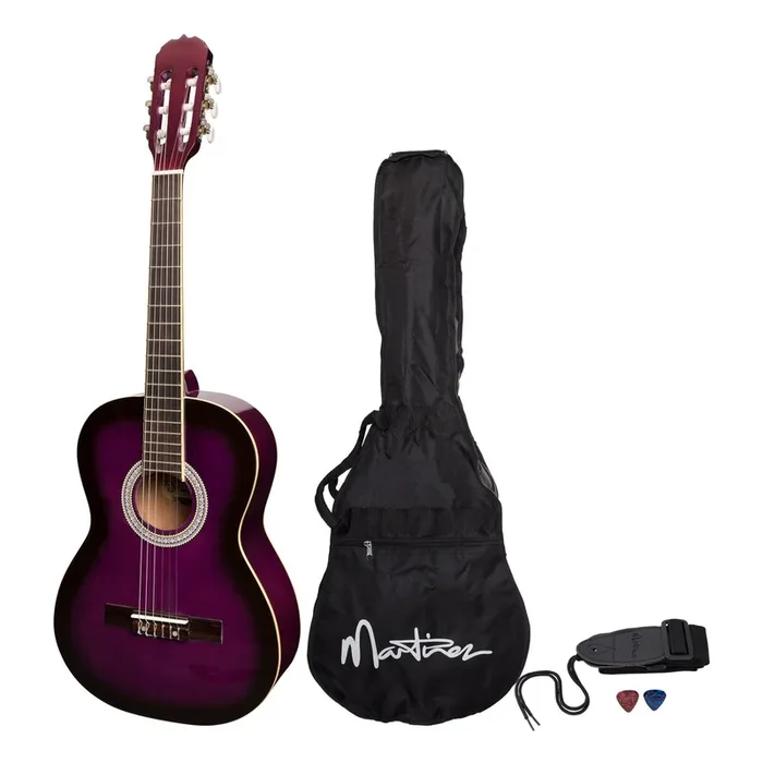 Martinez ‘Slim Jim’ 3/4 Size Beginner Slim Neck Classical Guitar Pack with Built-In Tuner (Purpleburst)