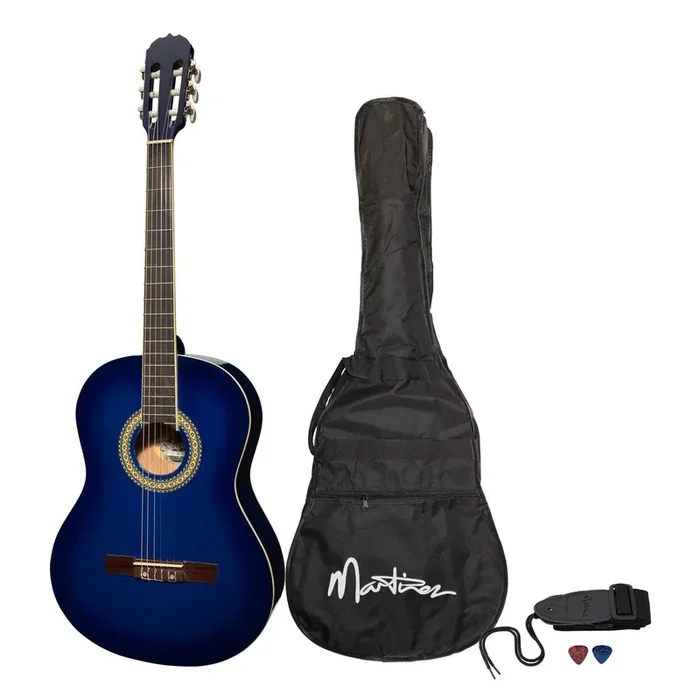 Martinez ‘Slim Jim’ Full Size Beginner Slim Neck Classical Guitar Pack with Built-In Tuner (Blueburst)