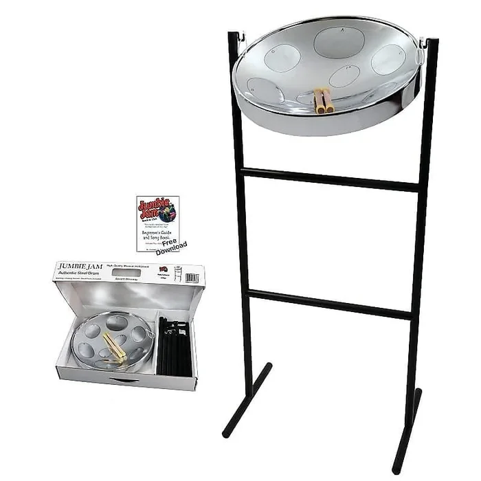 Panyard W1070 Jumbie Jam Silver Steel Drum Pan Ready-To-Play-Kit w/ Hard Plastic Tube Floor Stand