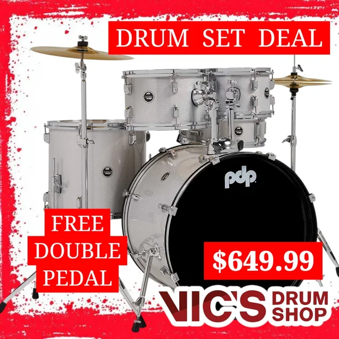 PDP Center Stage Diamond White Sparkle 5pc Kit 7×10 8×12 14x16F 16×22 5×14 Snare. Hardware Cymbals & Throne Included