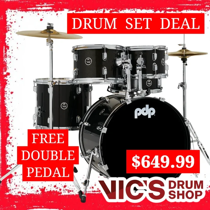 PDP Center Stage Iridescent Black Sparkle 5pc Kit 7×10 8×12 12x14F 14×20 5×14 Snare. Hardware Cymbals & Throne Included