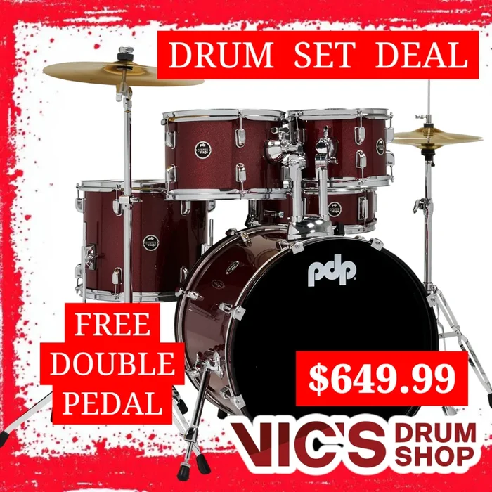 PDP Center Stage Ruby Red Sparkle 5pc Kit 7×10 8×12 12x14F 14×20 5×14 Snare. Hardware Cymbals & Throne Included