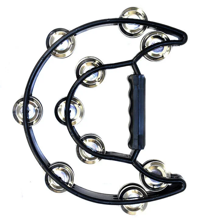 Percussion Plus Half Moon Tambourine with 10-Double Rows of Jingles in Black