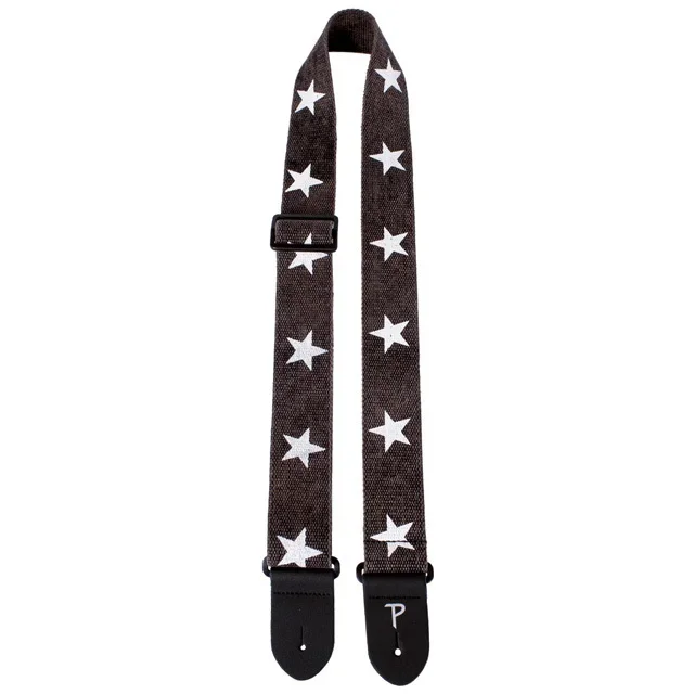 Perris 2″ Deluxe Cotton Grey Guitar Strap with “White Stars” design with Leather ends