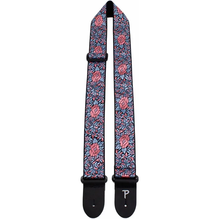 Perris 2″ Jacquard Guitar Strap with Blue & Red Flower Pattern with Leather ends