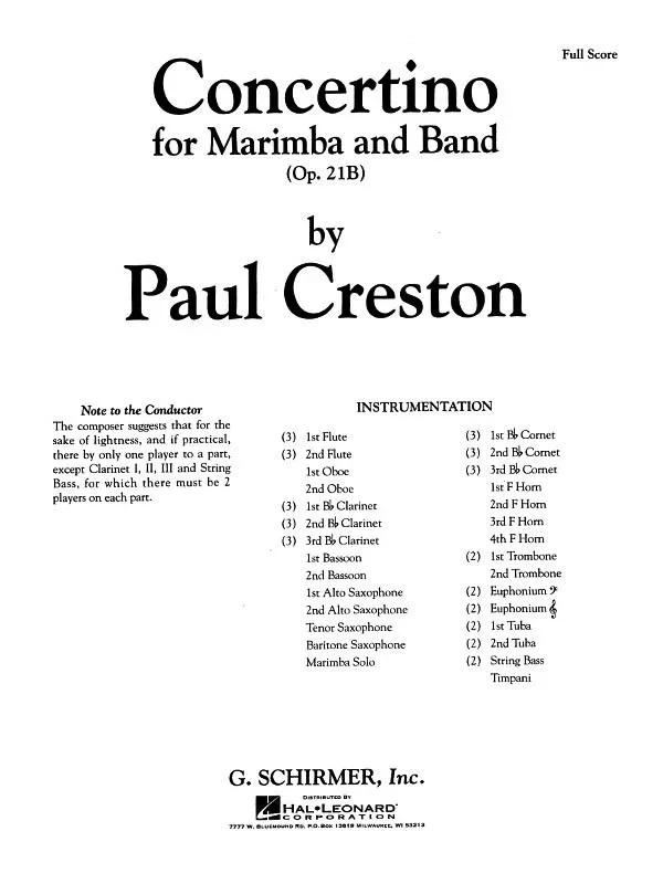 Schirmer – Creston – Concertino Op 21B Marimba/Band Score