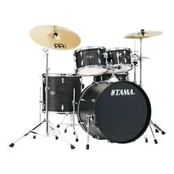 Tama Imperialstar 5pc Complete Drum Set with Meinl HCS Cymbals (IE52C) – Black Oak Wrap with Nickel Hardware