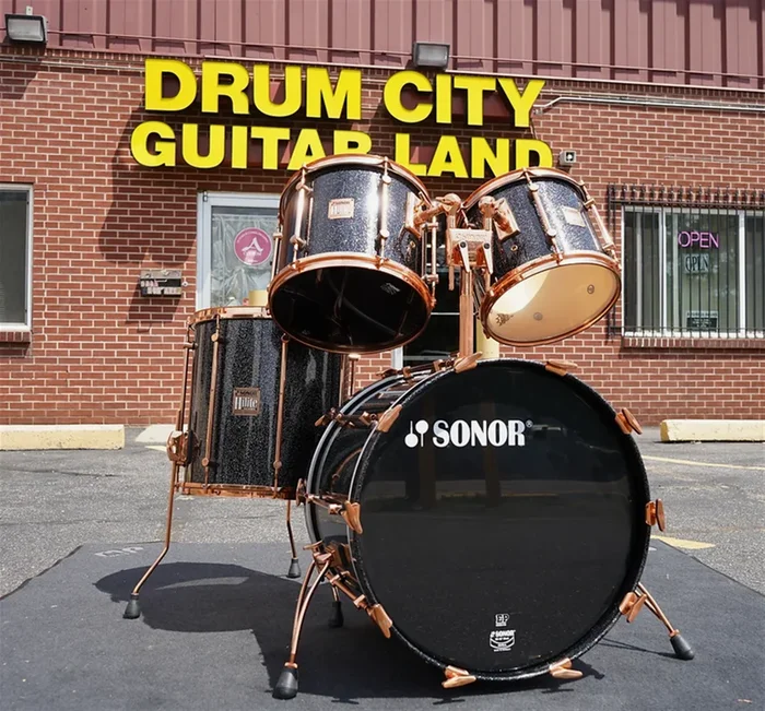 USED – Vintage Sonor/German HiLite Exclusive 4pc Maple Shell Pack – Black Diamond Lacquer Finish w/ Copper Hardware
