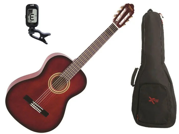 Valencia 1/4 Size Classical Guitar Pack Red C/W Padded Bag & Clip On Tuner