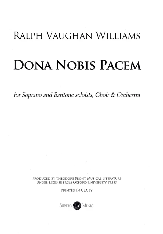 Vaughan Williams: Dona Nobis Pacem – Reduced Orchestration
